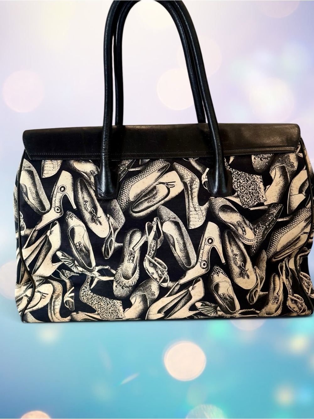Salvatore Ferragamo Black and Cream Shoe-Print Travel Tote with Gold Hardware - Picture 8 of 15